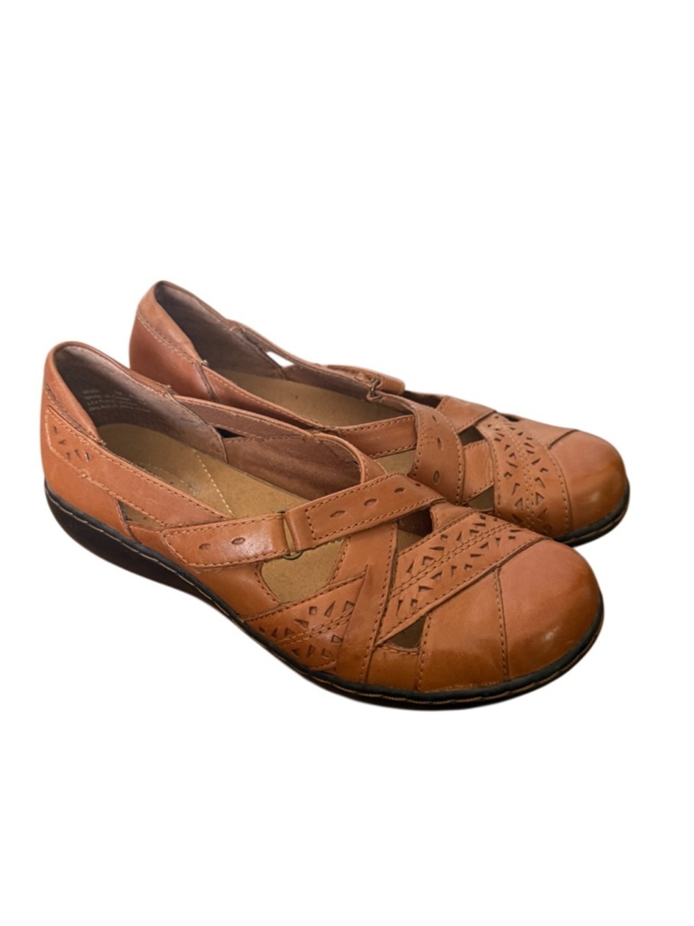 Clarks Bendable Ashland Tan Leather Mary Jane Flats with Cutout Detail-Size 7M
